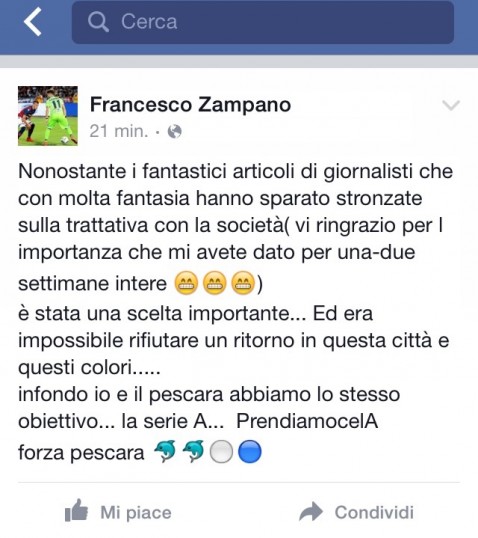 Il post di Zampano dal suo profilo facebbok